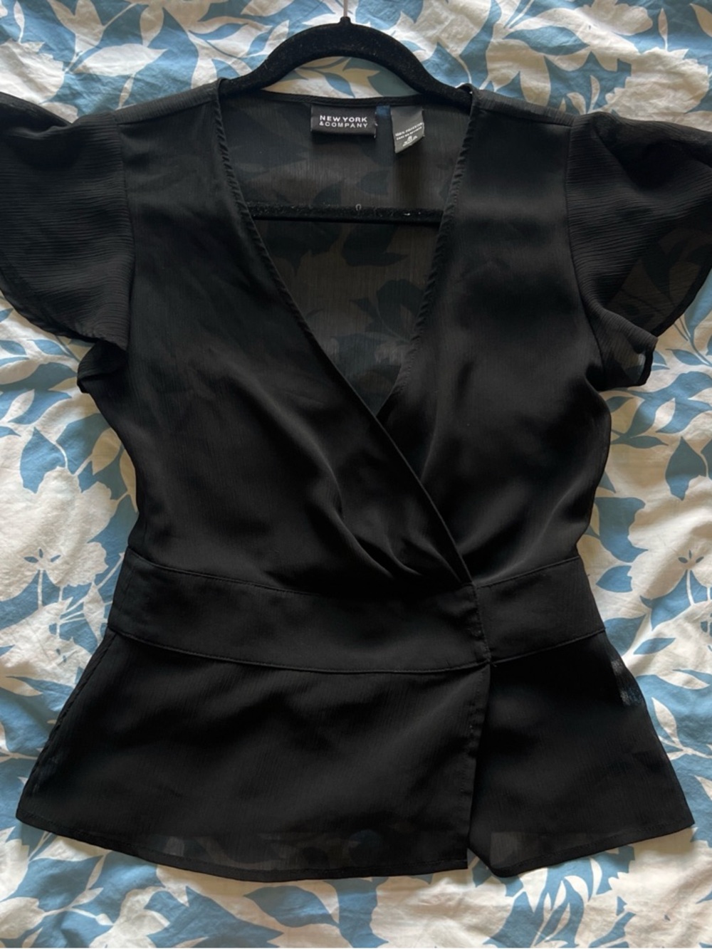 New York & Company Black Surplice Tie-Detail Blouse